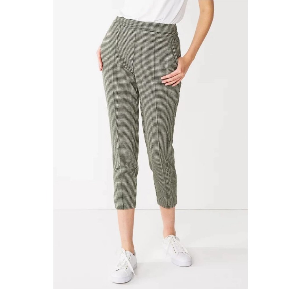 Nine West Crop Relaxed Pants Houndstooth Mid Rise Large Pull Over Stretch